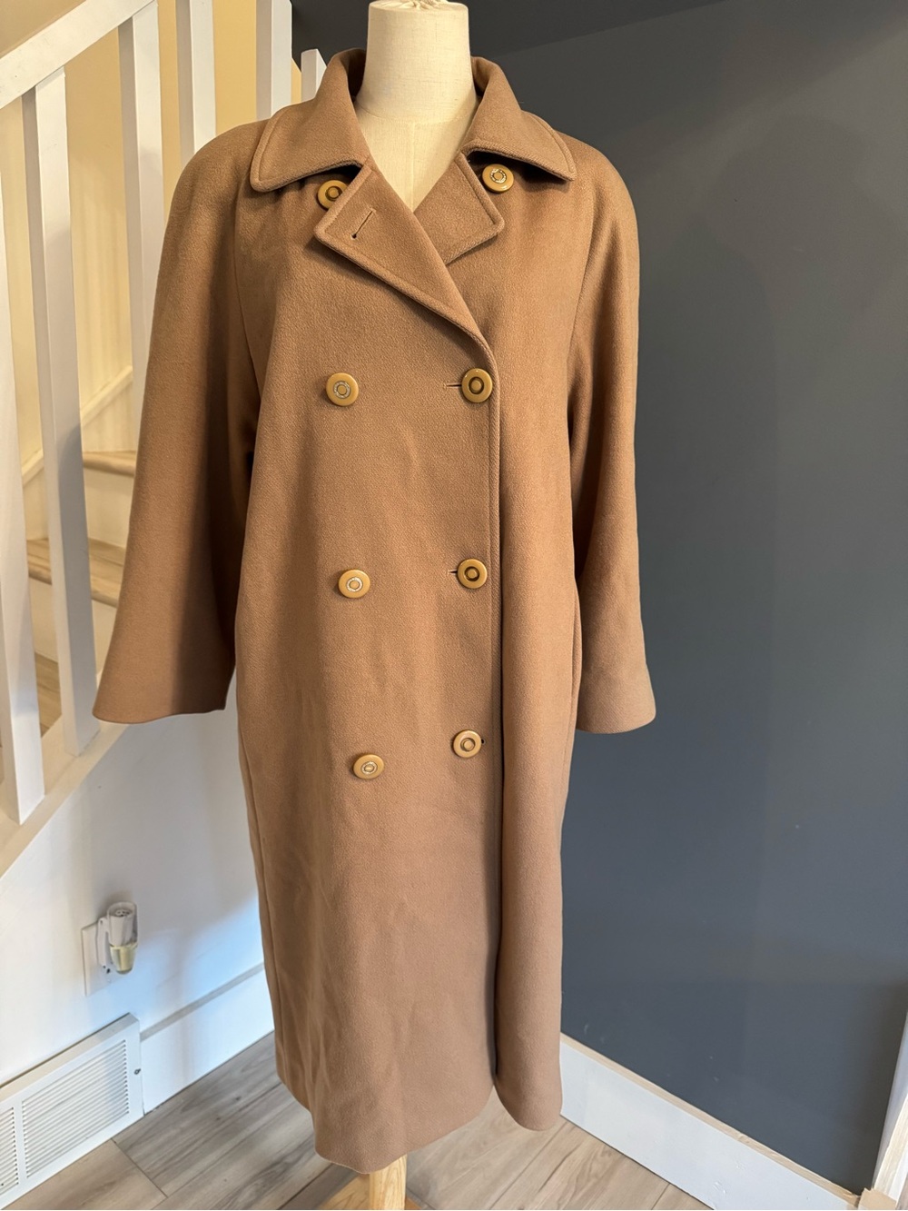 Vintage London Fog 100% Virgin Wool Camel Maxi Coat Size 12 M Double Breasted